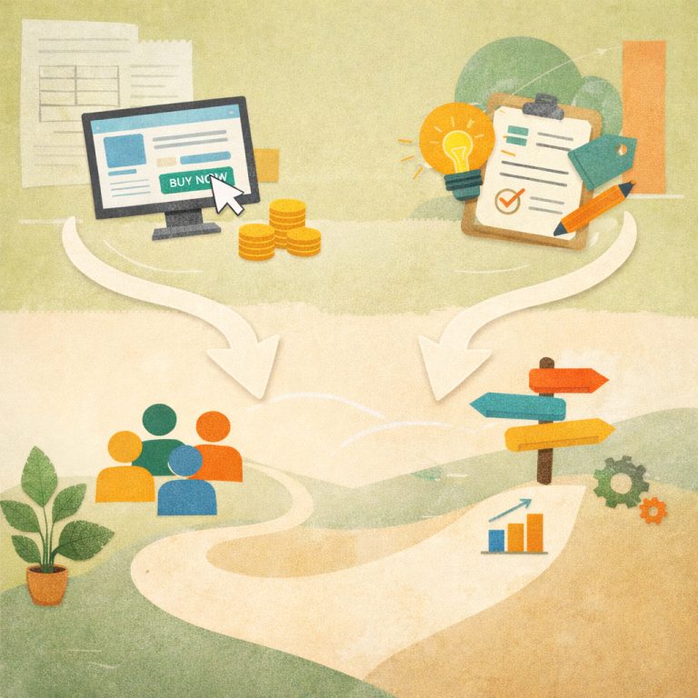 以圖示呈現先做網站或先做品牌的不同路徑選擇，中央主視覺象徵決策分岔，傳達以順序規劃降低重做成本的概念