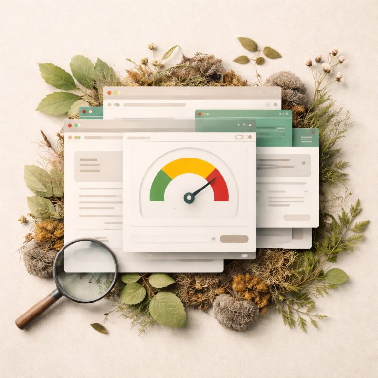 以文青風格呈現網站效能概念的插畫畫面，中央聚焦網站速度與載入狀態的象徵元素