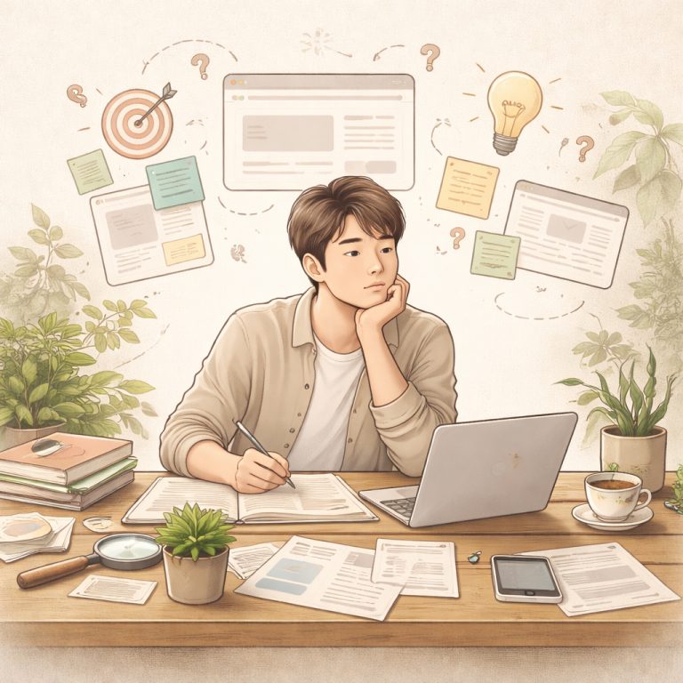 文青手繪風格插畫，一個人在桌前托著腮思考網站是否該做的決策情境