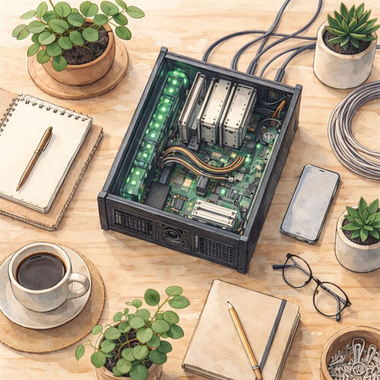 桌面中央是一台打開外殼的伺服器，內部零件清楚可見，周圍擺放著筆記本、咖啡、植物與辦公用品，呈現多個網站共用同一台伺服器的概念