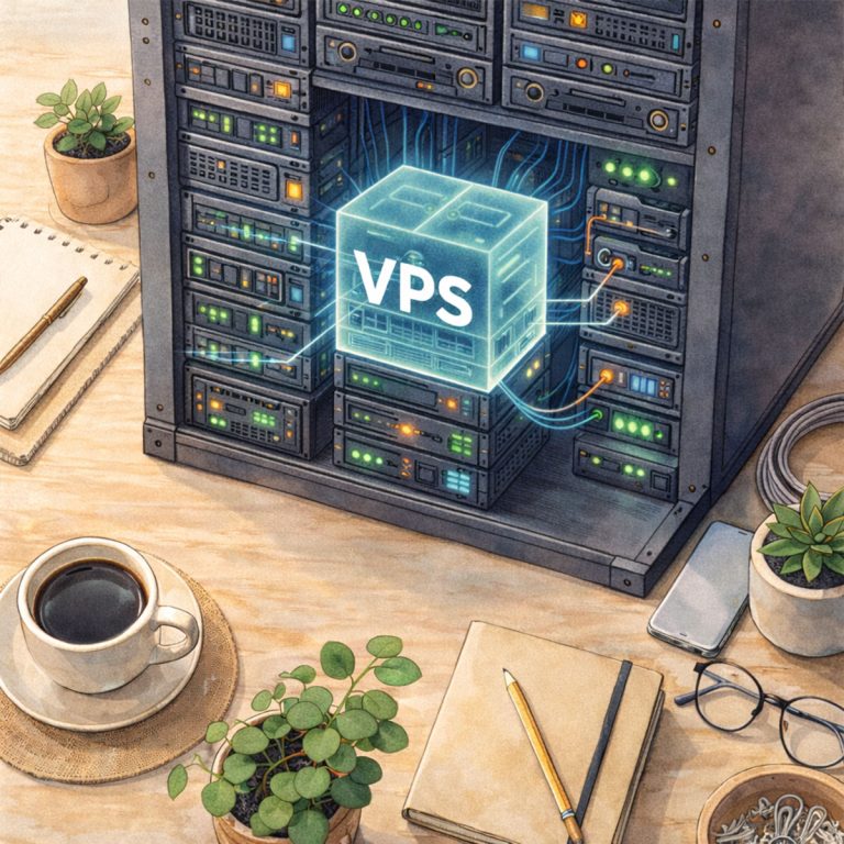 獨立運作的伺服器核心位於系統架構中央，周圍環繞著硬體與連線，呈現 VPS 主機可控性高、資源隔離明確的運作方式。