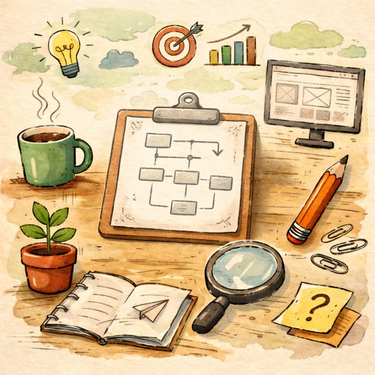 桌面上擺放網站規劃相關工具，中央呈現流程結構示意，周圍有筆記本、放大鏡、電腦畫面與工作用品，象徵在設計版面前先釐清受眾與決策路徑