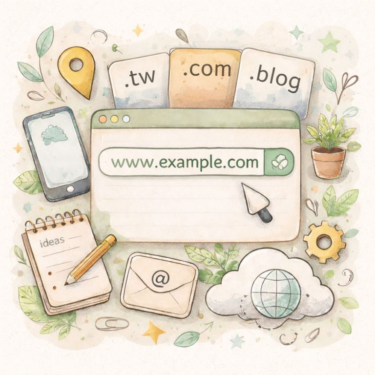 瀏覽器網址列搭配 .tw、.com、.blog 等網域後綴，說明網域名稱如何作為網站的對外入口