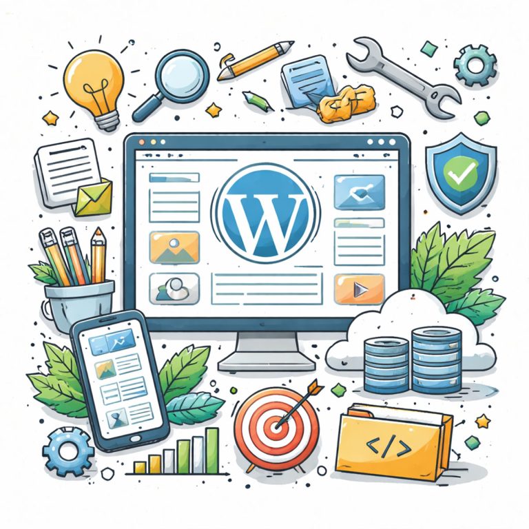手繪風格的網站管理場景，畫面中央是一個正在成長的網站架構，周圍延伸出內容、功能與系統模組，象徵 WordPress 作為可長期經營與擴充的網站系統。